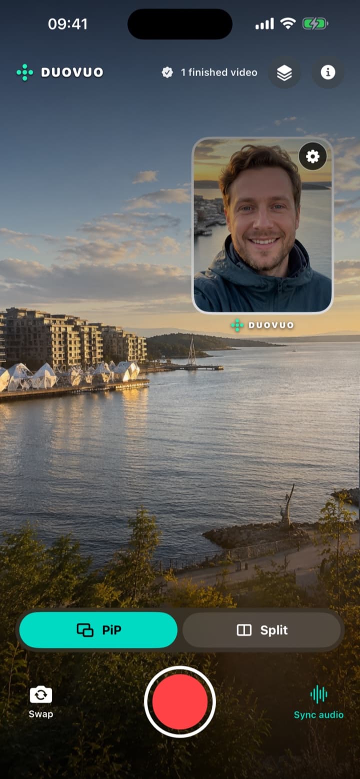 DuoVuo recording with the rear camera full screen and the front camera as a picture-in-picture window
